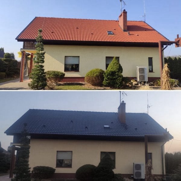 Beton cseréptető festése, előtte-utána állapot, antracit szürke színre