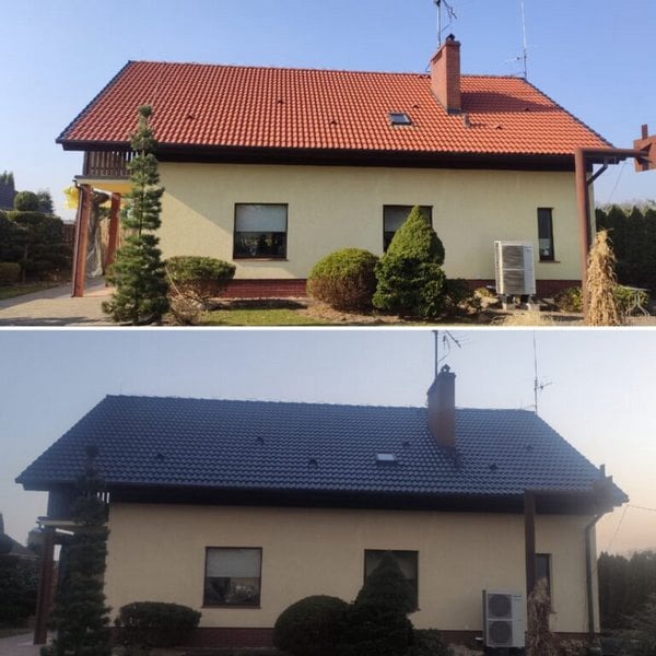 Beton cseréptető festése, előtte-utána állapot, antracit szürke színre
