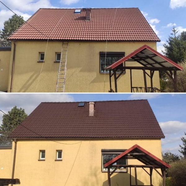 Beton cseréptető festése, előtte-utána állapot, barna színre