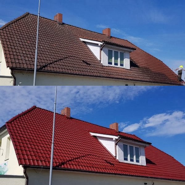 Bramac Beton cseréptető festése, előtte-utána állapot, téglavörös színre