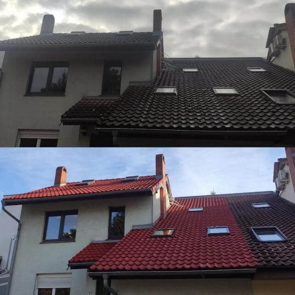 Bramac Beton cseréptető festése, előtte-utána állapot, téglavörös színre